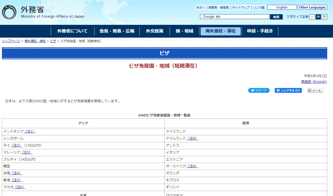 ビザ免除国・地域（短期滞在）